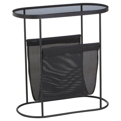Grey Glass Top Side Table with Black Metal Frame and Hanging Mesh Shelf | Trento