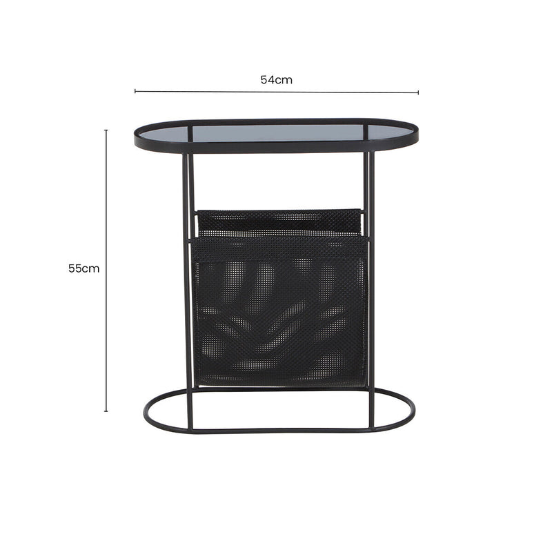 Grey Glass Top Side Table with Black Metal Frame and Hanging Mesh Shelf | Trento