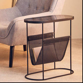 Grey Glass Top Side Table with Black Metal Frame and Hanging Mesh Shelf | Trento