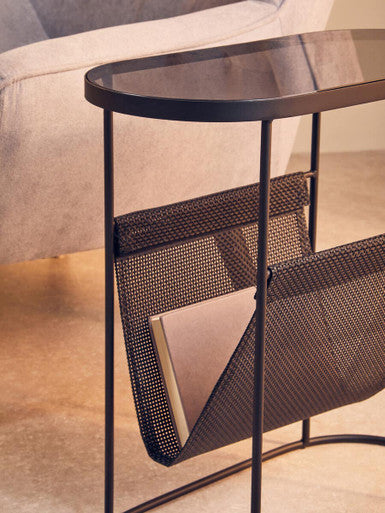 Grey Glass Top Side Table with Black Metal Frame and Hanging Mesh Shelf | Trento