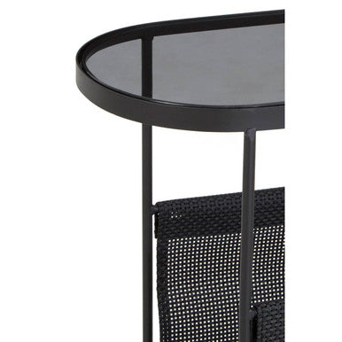 Grey Glass Top Side Table with Black Metal Frame and Hanging Mesh Shelf | Trento