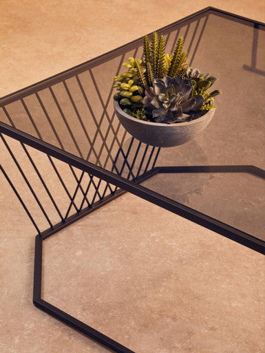 Grey Glass Top Coffee Table with Black Wireframe Design | Trento
