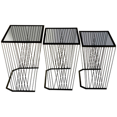 Set of 3 Smoky Grey Glass Tops Nesting Side Tables with Black Metal Wire Frames | Trento