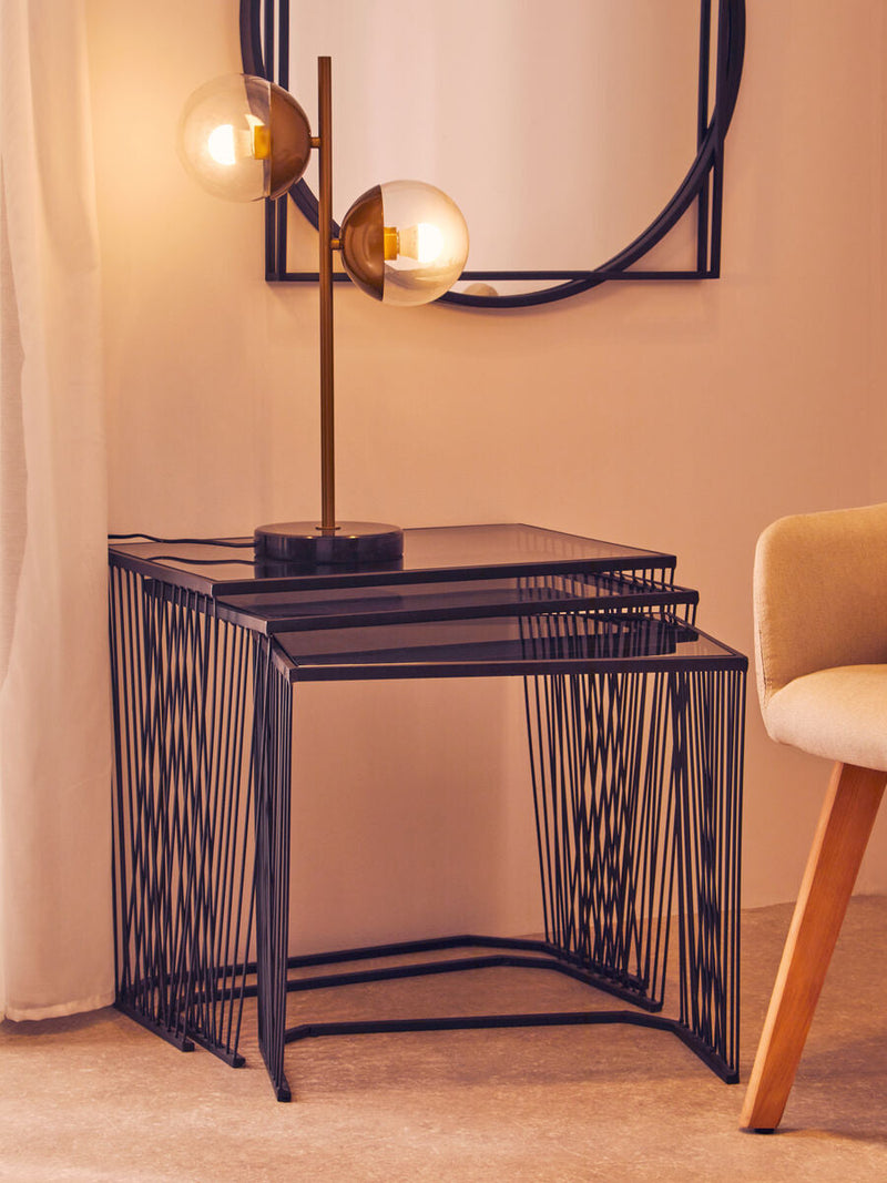 Set of 3 Smoky Grey Glass Tops Nesting Side Tables with Black Metal Wire Frames | Trento
