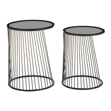 Set of 2 Grey Glass Top Nesting Side Tables with Black Metal Wire Frame | Trento