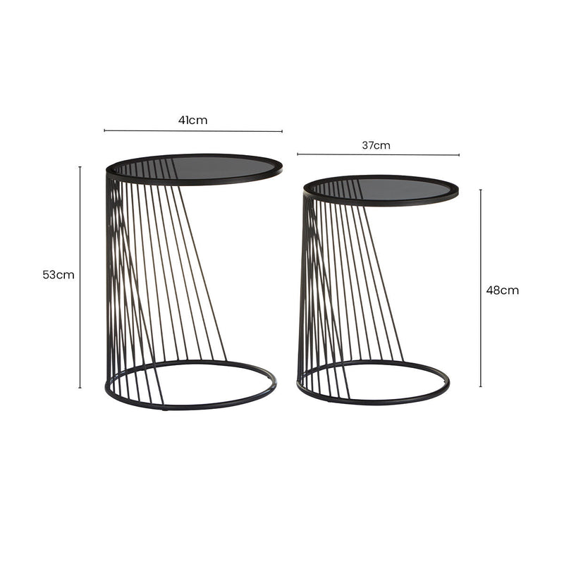 Set of 2 Grey Glass Top Nesting Side Tables with Black Metal Wire Frame | Trento
