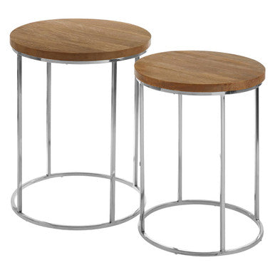 Set of 2 Natural Mango Wood Top Round Side Tables with Stainless Steel Base in Metallic Finish | Agra