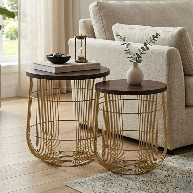 Set of 2 Brown Mango Wood Side Tables with Gold Finish Metal Base | Agra