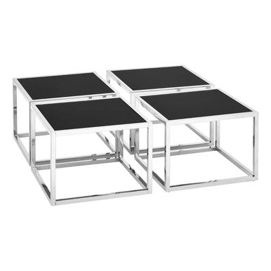 Black Tempered Glass Top and Silver Stainless Steel Frame Coffee Table with 4 Nesting Stools | Horizon