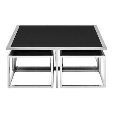 Black Tempered Glass Top and Silver Stainless Steel Frame Coffee Table with 4 Nesting Stools | Horizon