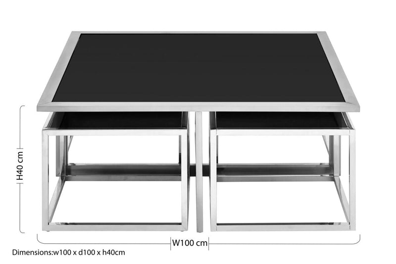 Black Tempered Glass Top and Silver Stainless Steel Frame Coffee Table with 4 Nesting Stools | Horizon