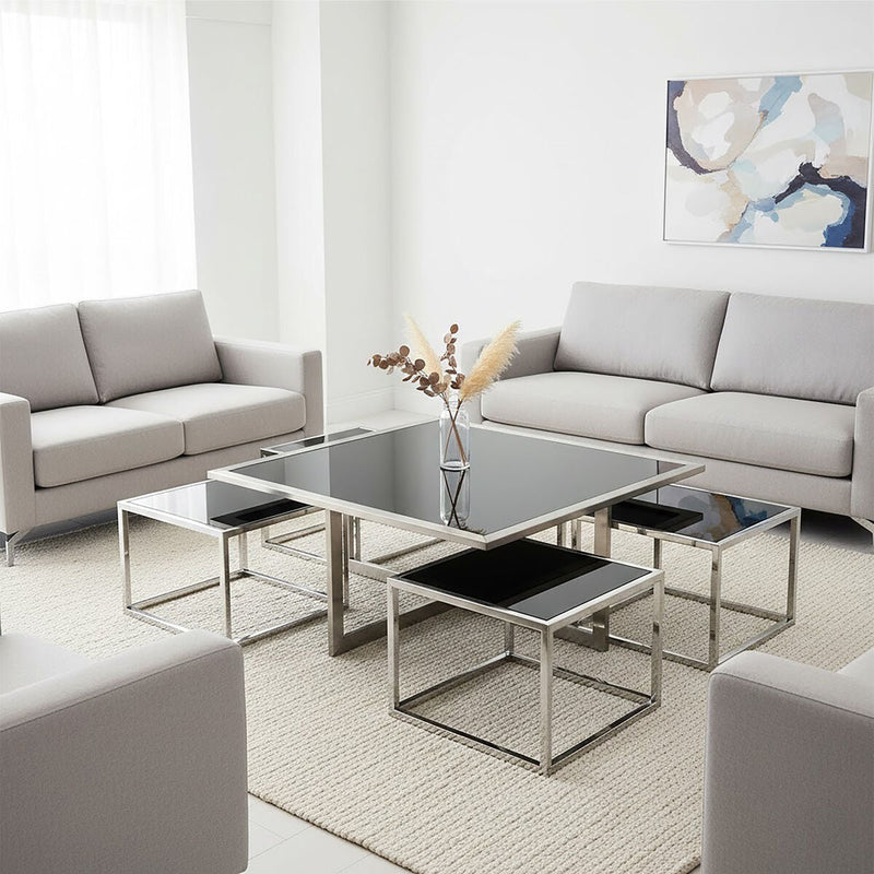 Black Tempered Glass Top and Silver Stainless Steel Frame Coffee Table with 4 Nesting Stools | Horizon
