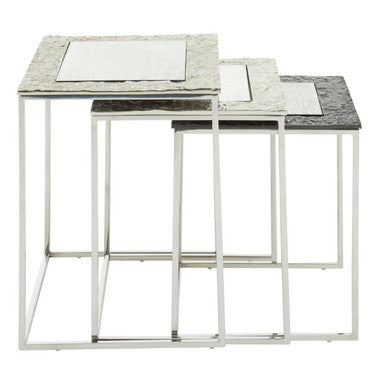 Antique Glass Top Rectangular Set of 3 Nesting Side Tables with Nickel and Gunmetal Frame | Akola