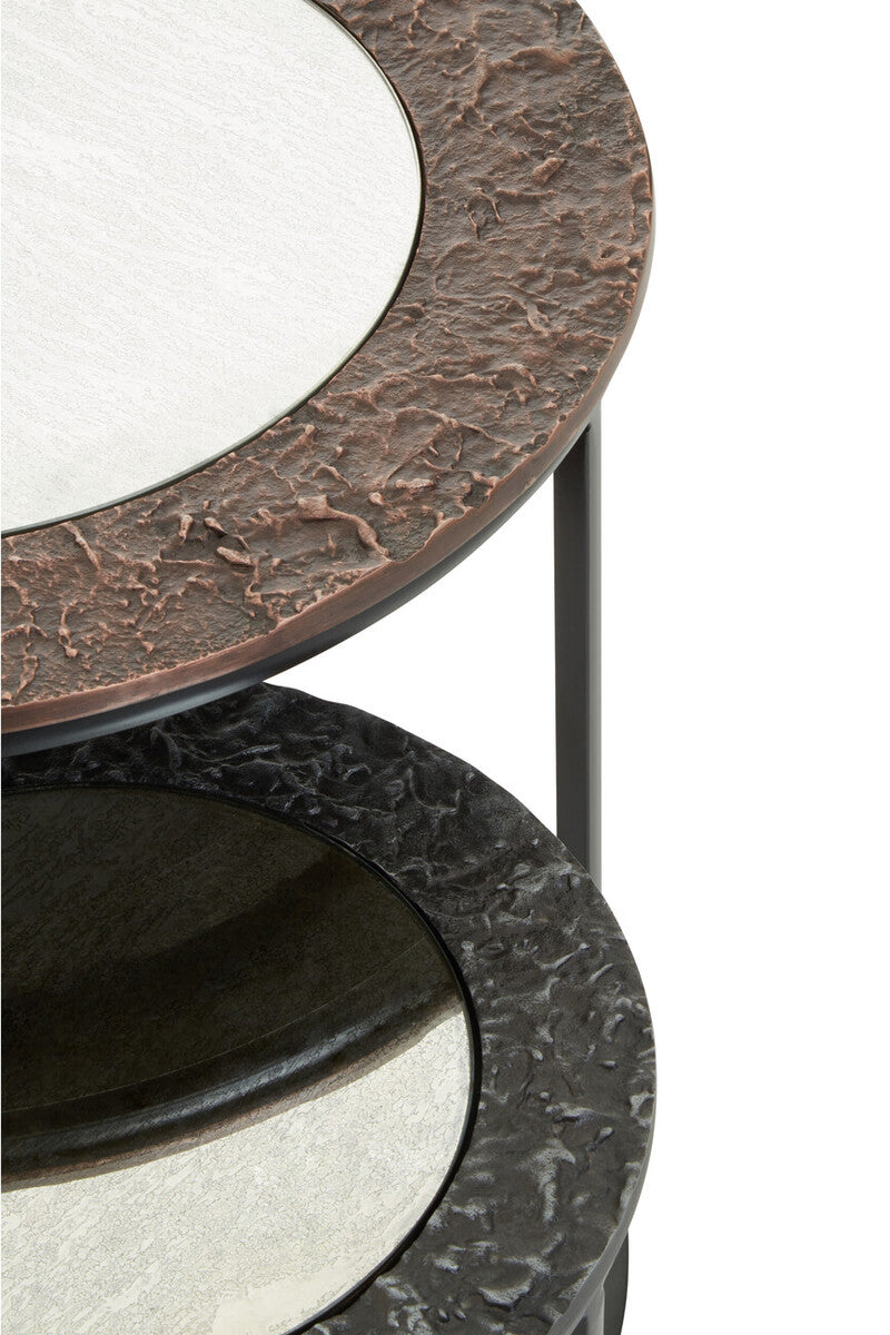 Antique Copper and Gunmetal Set of 2 Round Nesting Side Tables with Antiqued Glass Tops and Black Metal Frame | Akola