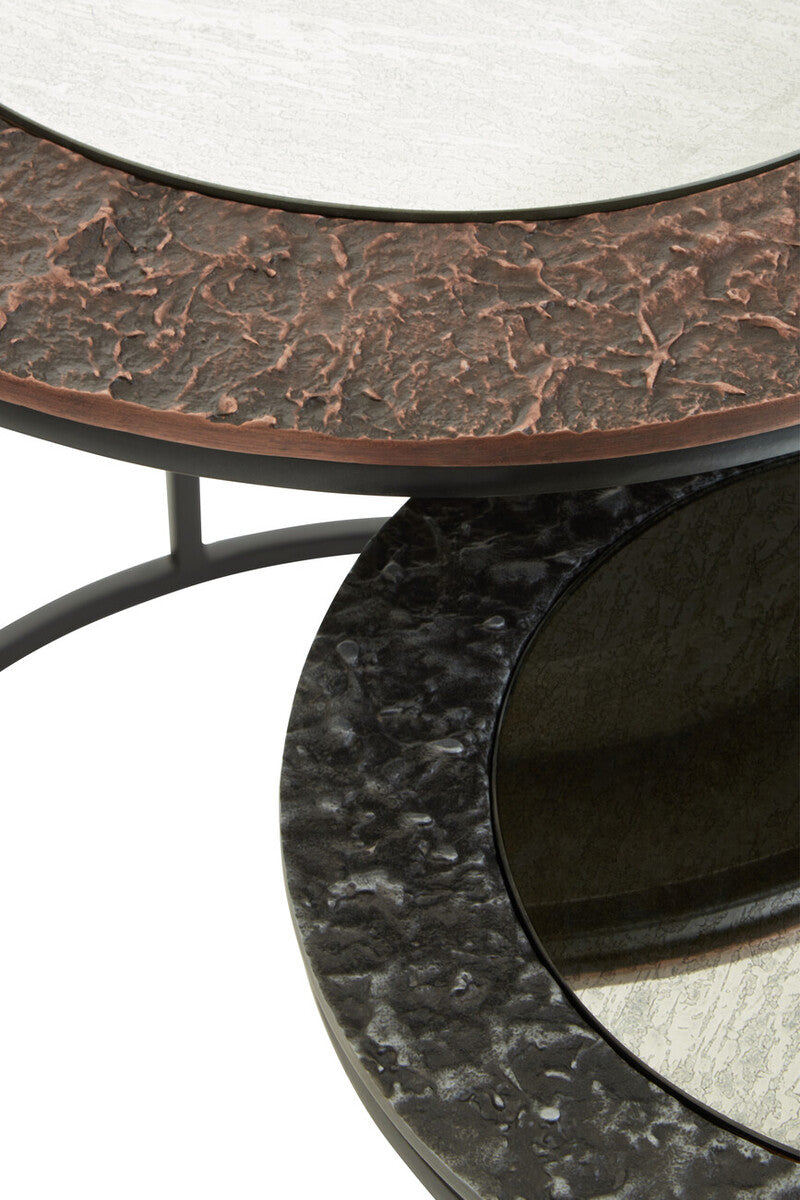 Antique Copper and Gunmetal Set of 2 Round Nesting Side Tables with Antiqued Glass Tops and Black Metal Frame | Akola