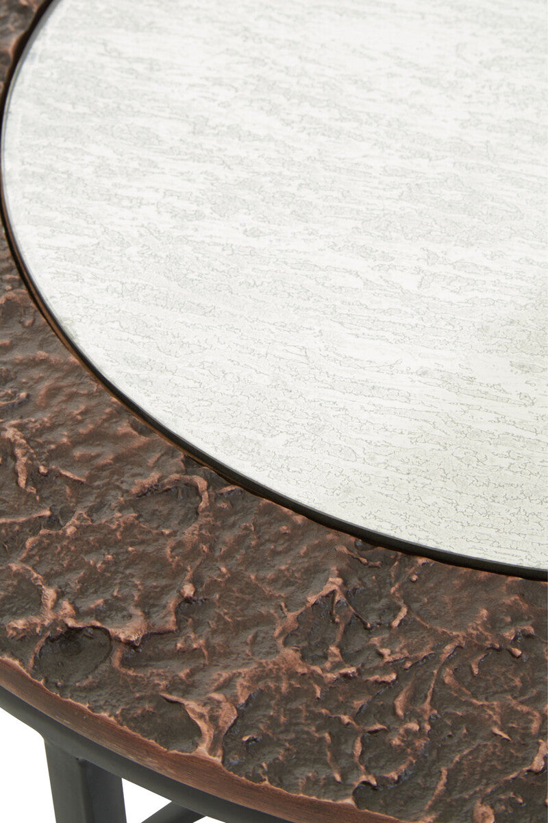 Antique Copper and Gunmetal Set of 2 Round Nesting Side Tables with Antiqued Glass Tops and Black Metal Frame | Akola
