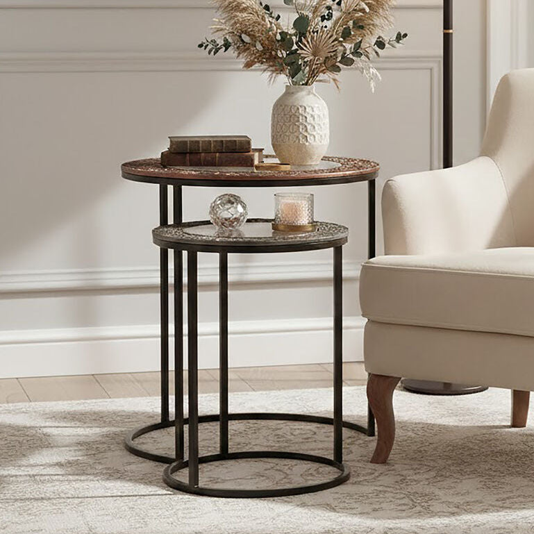 Antique Copper and Gunmetal Set of 2 Round Nesting Side Tables with Antiqued Glass Tops and Black Metal Frame | Akola