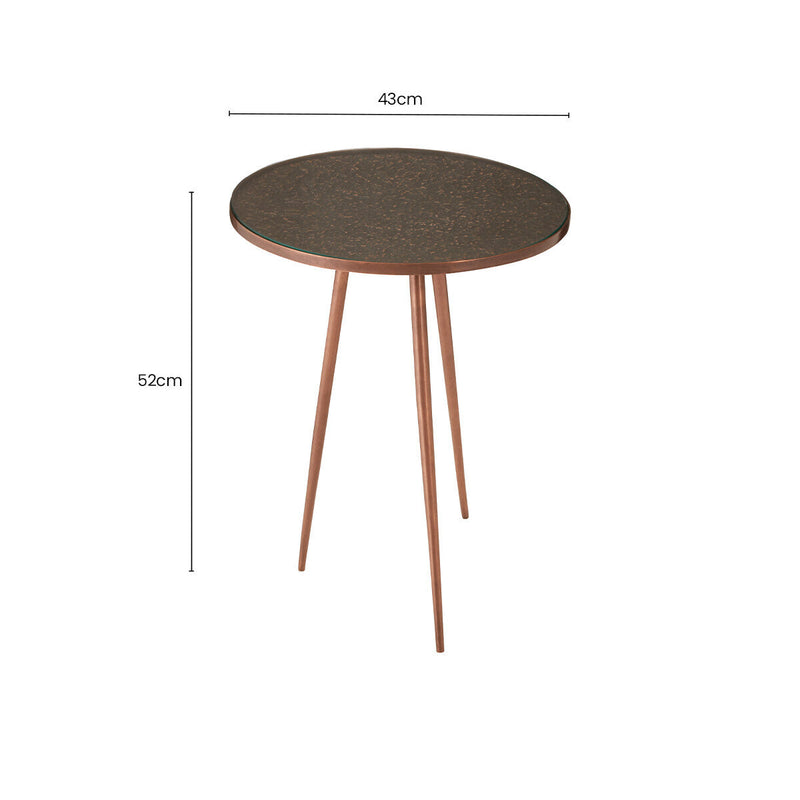 Tempered Glass Side Table with Antique Copper Finish Textured 3 Slim Legs | Akola