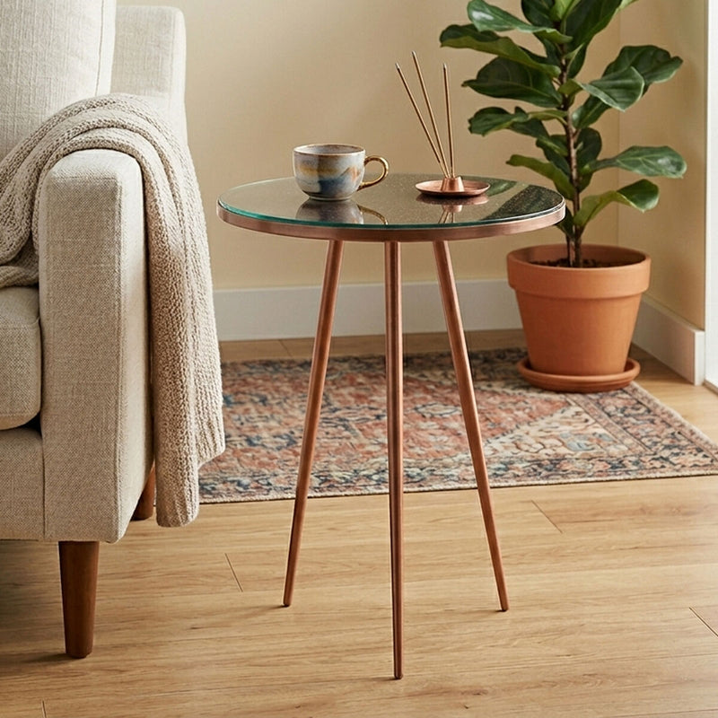 Tempered Glass Side Table with Antique Copper Finish Textured 3 Slim Legs | Akola