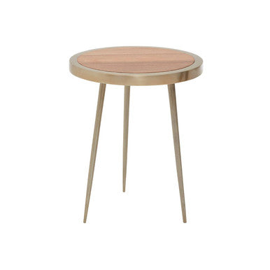 Natural Acacia Wood Small Round Side Table with Gold Aluminium Border and Legs | Almora