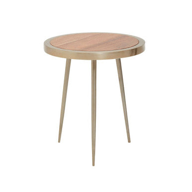 Natural Acacia Wood Small Round Side Table with Gold Aluminium Border and Legs | Almora