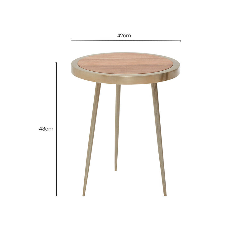 Natural Acacia Wood Small Round Side Table with Gold Aluminium Border and Legs | Almora