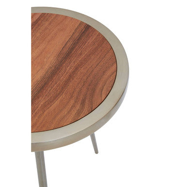 Natural Acacia Wood Small Round Side Table with Gold Aluminium Border and Legs | Almora