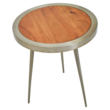 Natural Acacia Wood Round Side Table with Gold Aluminium Border and Legs | Almora