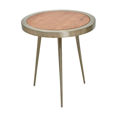 Natural Acacia Wood Round Side Table with Gold Aluminium Border and Legs | Almora