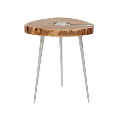 Natural Acacia Wood Slice Side Table with Silver Metallic Centre and Aluminium Legs | Almora