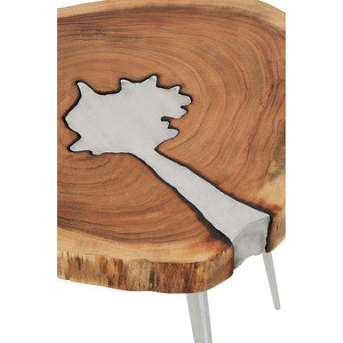 Natural Acacia Wood Slice Side Table with Silver Metallic Centre and Aluminium Legs | Almora