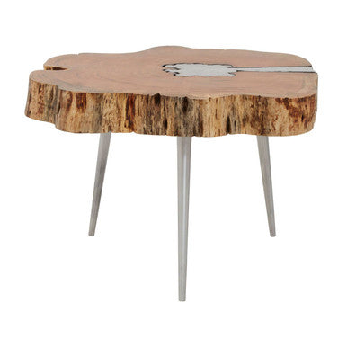 Natural Acacia Wood Log Slice Coffee Table with Silver Centre Detail and Aluminium Splayed Legs | Almora