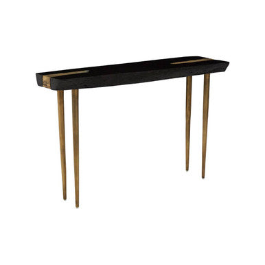 Black Acacia Wood Console Table with Gold Aluminium Filling Detail and Gold Metal Legs | Asamra