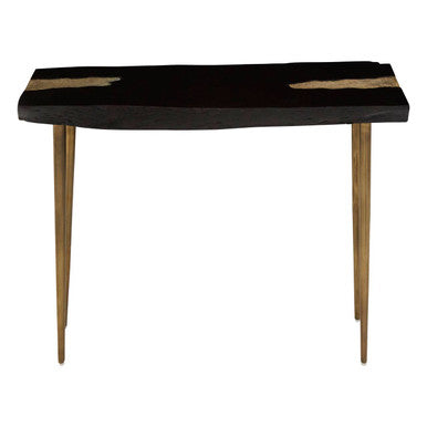 Black Acacia Wood Console Table with Gold Aluminium Filling Detail and Gold Metal Legs | Asamra