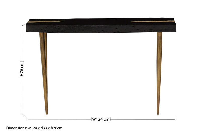 Black Acacia Wood Console Table with Gold Aluminium Filling Detail and Gold Metal Legs | Asamra