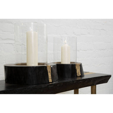 Black Acacia Wood Console Table with Gold Aluminium Filling Detail and Gold Metal Legs | Asamra