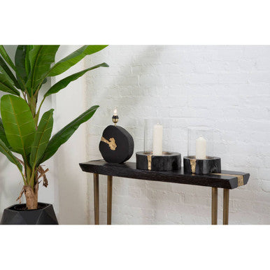 Black Acacia Wood Console Table with Gold Aluminium Filling Detail and Gold Metal Legs | Asamra