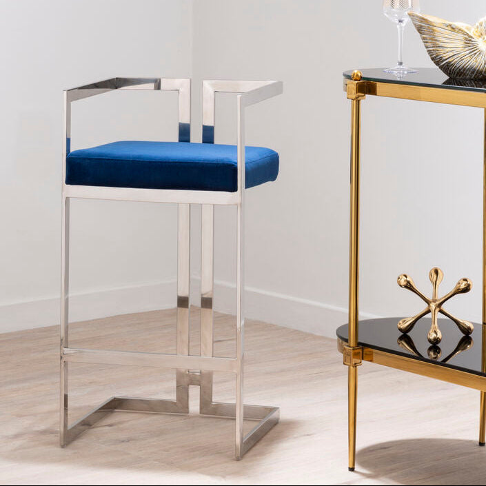Blue Velvet Bar Stool with Silver Frame | Azalea