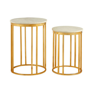Set of 2 Round White Marble Tops Side Tables with Rich Gold Metal Frame | Templar