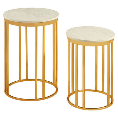 Set of 2 Round White Marble Tops Side Tables with Rich Gold Metal Frame | Templar