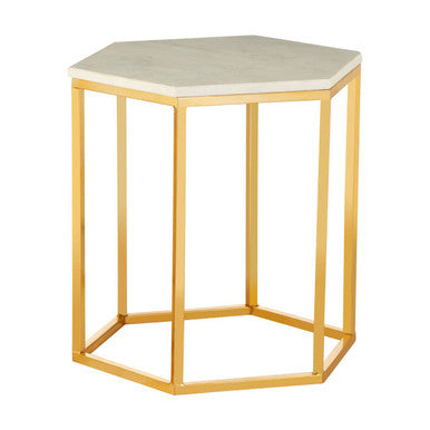 White Marble Tops Hexagonal Side Tables with Gold Finish Metal Frame | Templar