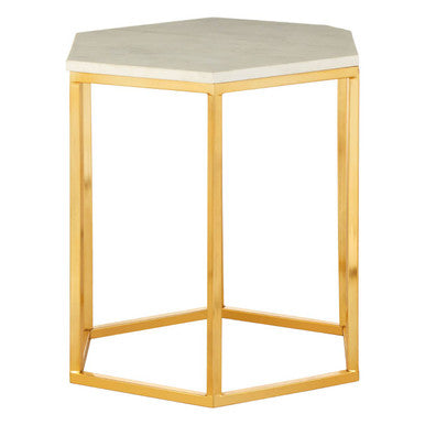 White Marble Tops Hexagonal Side Tables with Gold Finish Metal Frame | Templar