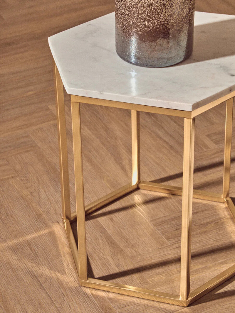 White Marble Tops Hexagonal Side Tables with Gold Finish Metal Frame | Templar