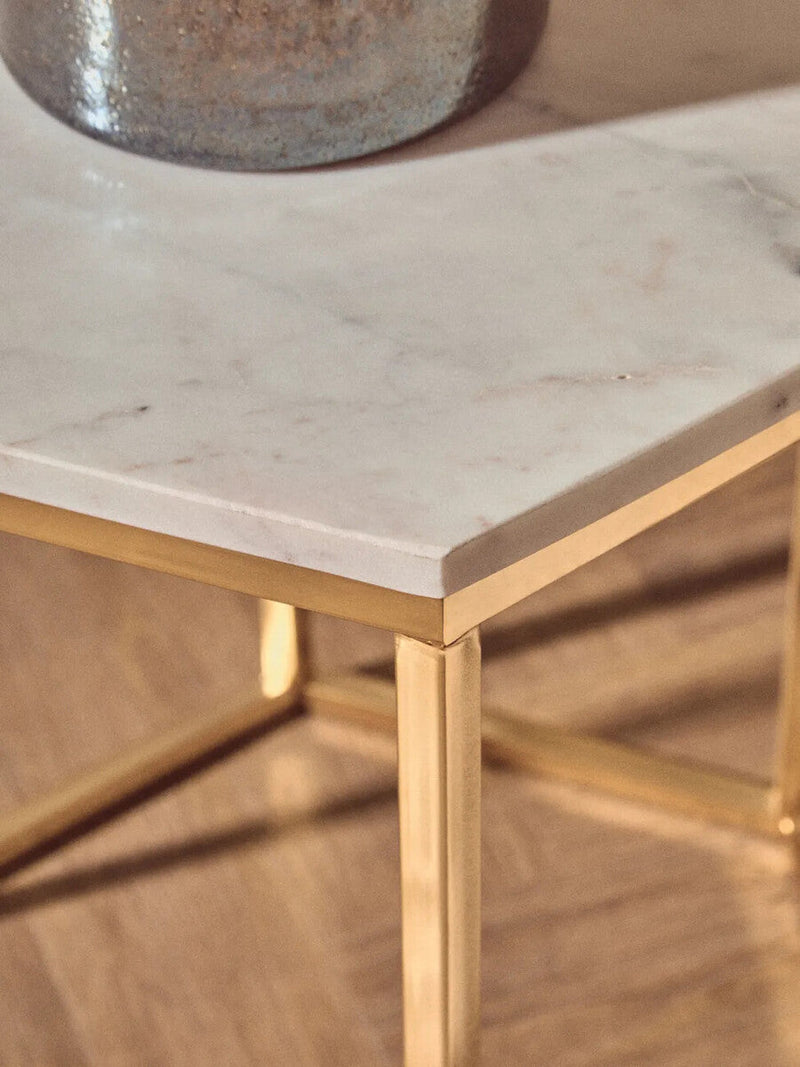 White Marble Tops Hexagonal Side Tables with Gold Finish Metal Frame | Templar