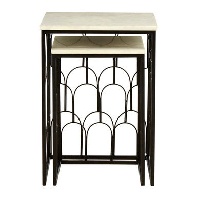 White Marble Top Side Tables with Black Metal Base and Art Deco Pattern | Templar