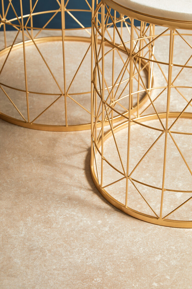 Set of 2 White Marble Top Round Side Tables with Gold Geometric Open Frame Bases | Avantis