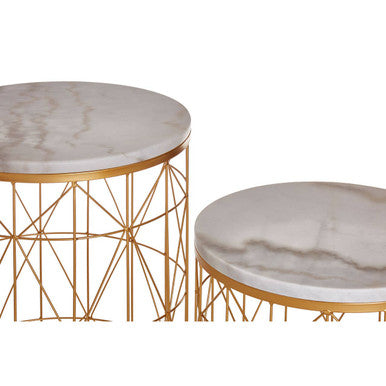 Set of 2 White Marble Top Round Side Tables with Gold Geometric Open Frame Bases | Avantis