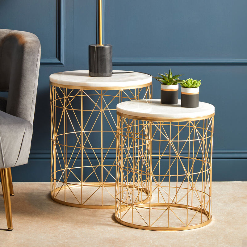 Set of 2 White Marble Top Round Side Tables with Gold Geometric Open Frame Bases | Avantis