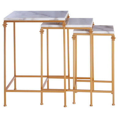 Set of 3 White Marble Tops Square Nesting Side Tables with Gold Finish Carved Metallic Legs | Avantis