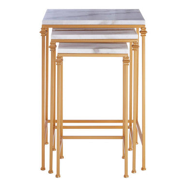 Set of 3 White Marble Tops Square Nesting Side Tables with Gold Finish Carved Metallic Legs | Avantis